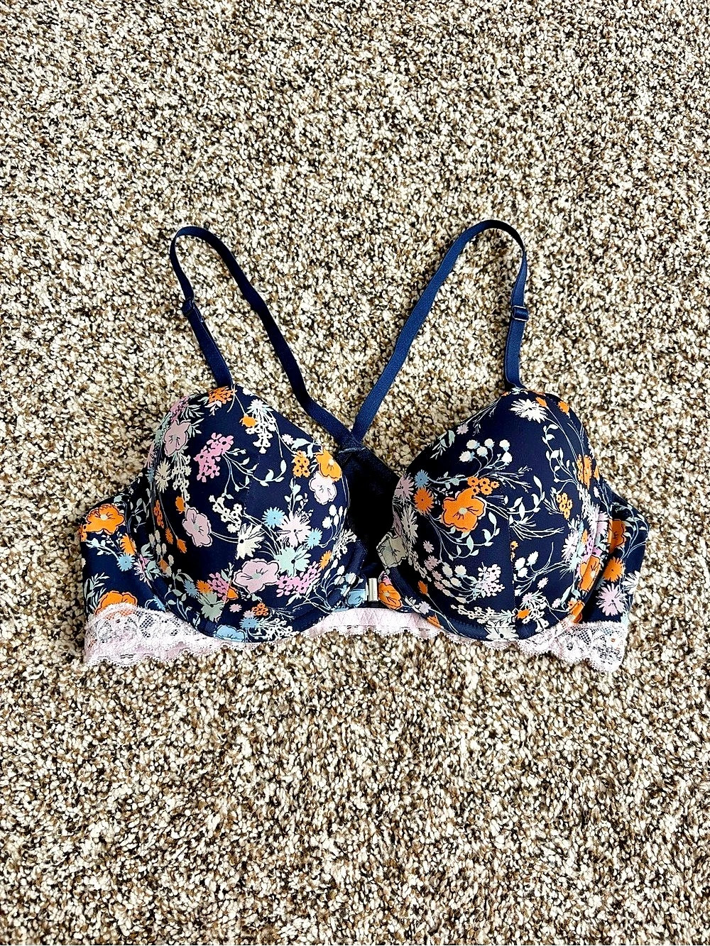 Adore Me Floral Lace front clasp racer back Bra in Blue & Pink Size 34C Like New